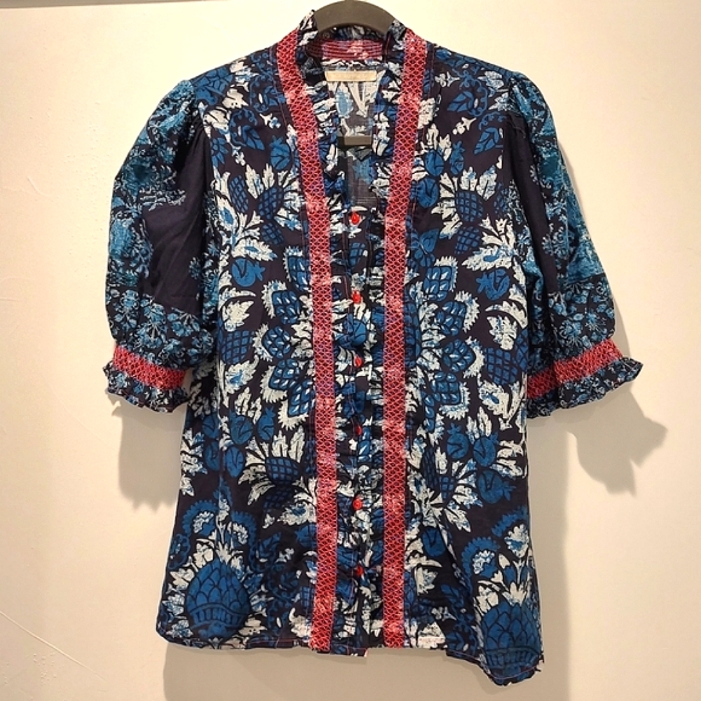 Lola Australia Floral Tropical Blue Pink Boho Blouse Top XS